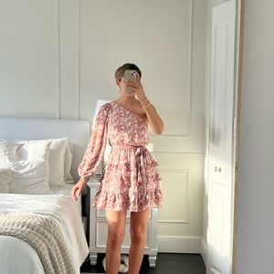 One shoulder pink ruffle dress